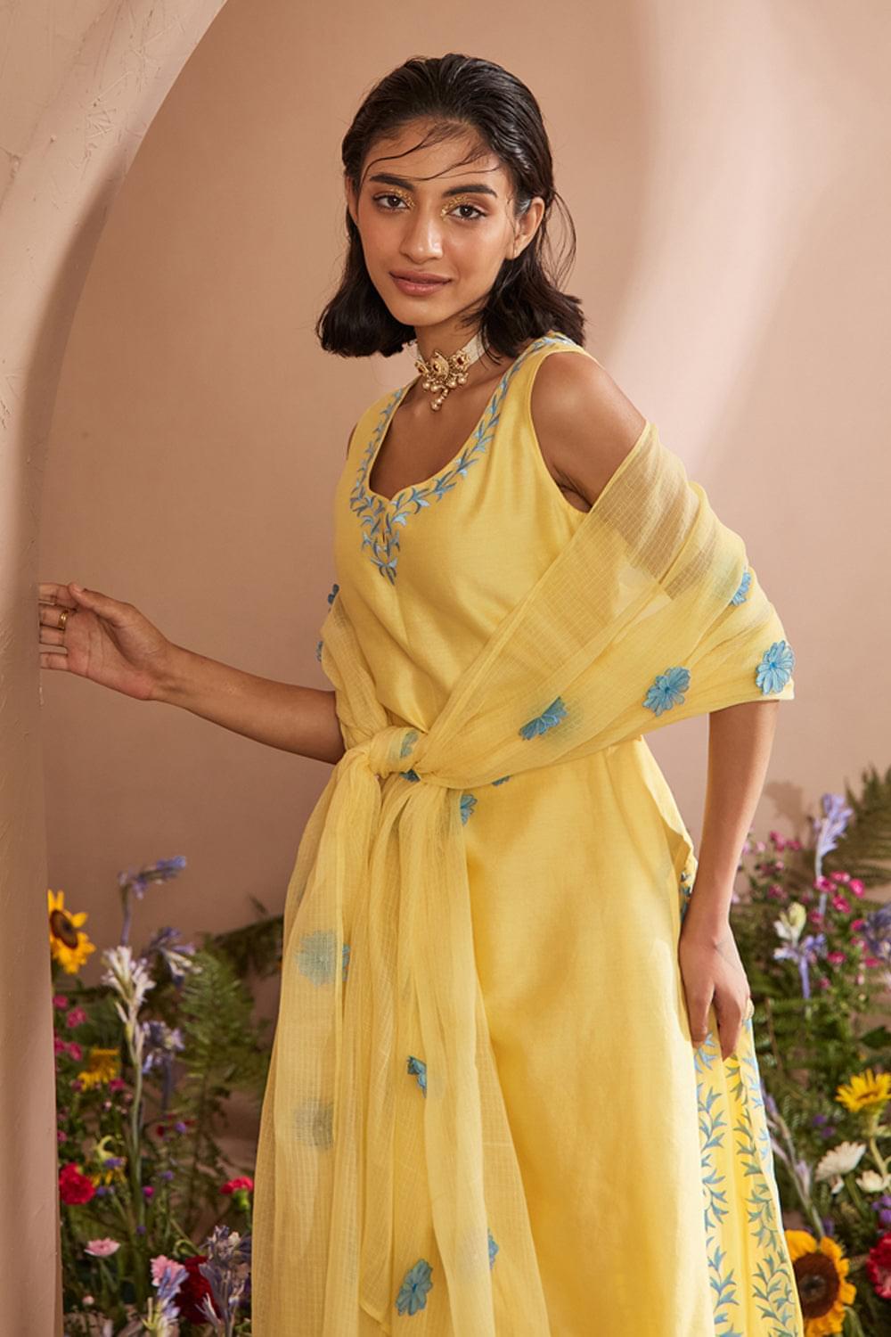 DUA LIGHT YELLOW SILK CHANDERI KURTA SET