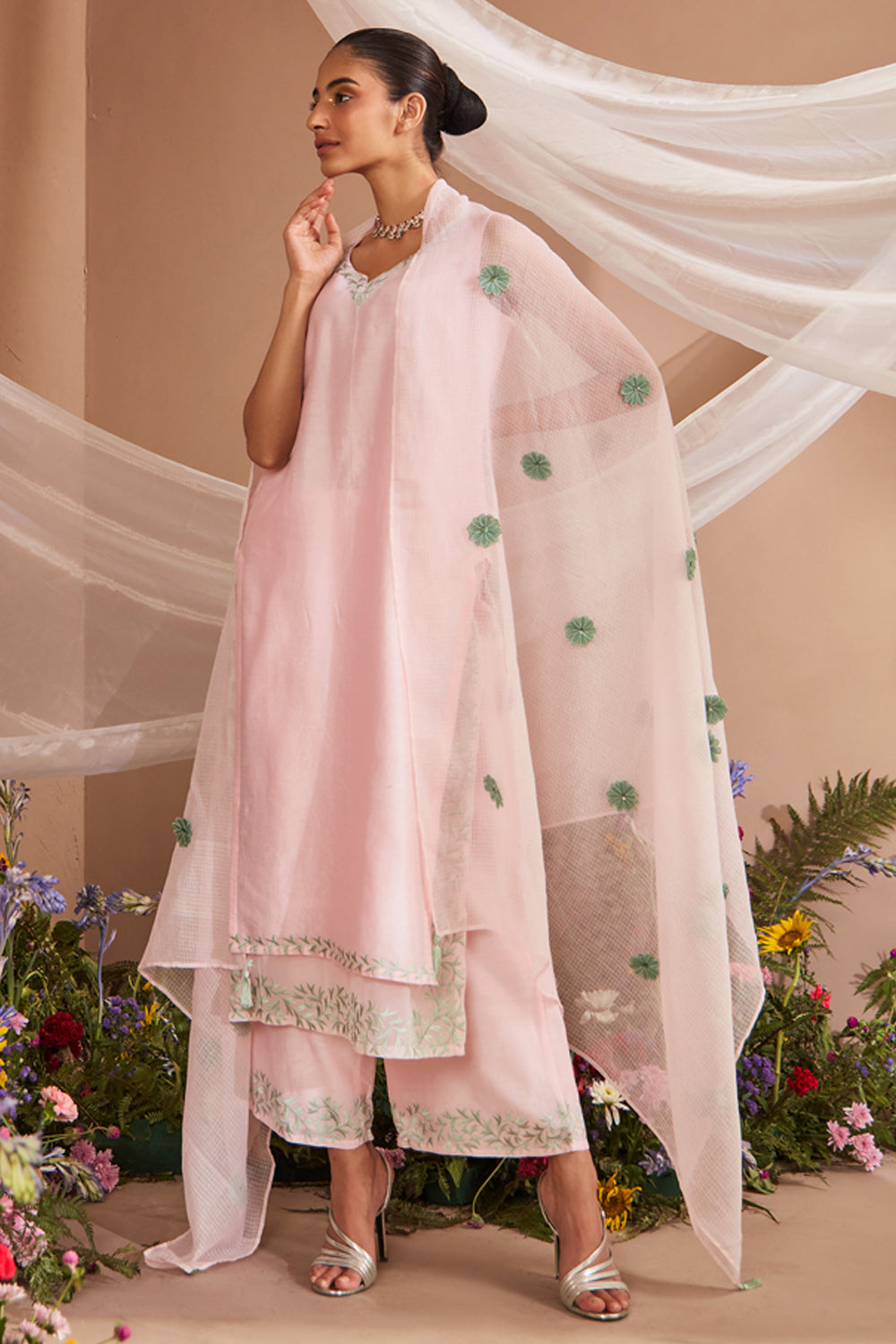 RUH LIGHT PINK SILK CHANDERI KURTA SET