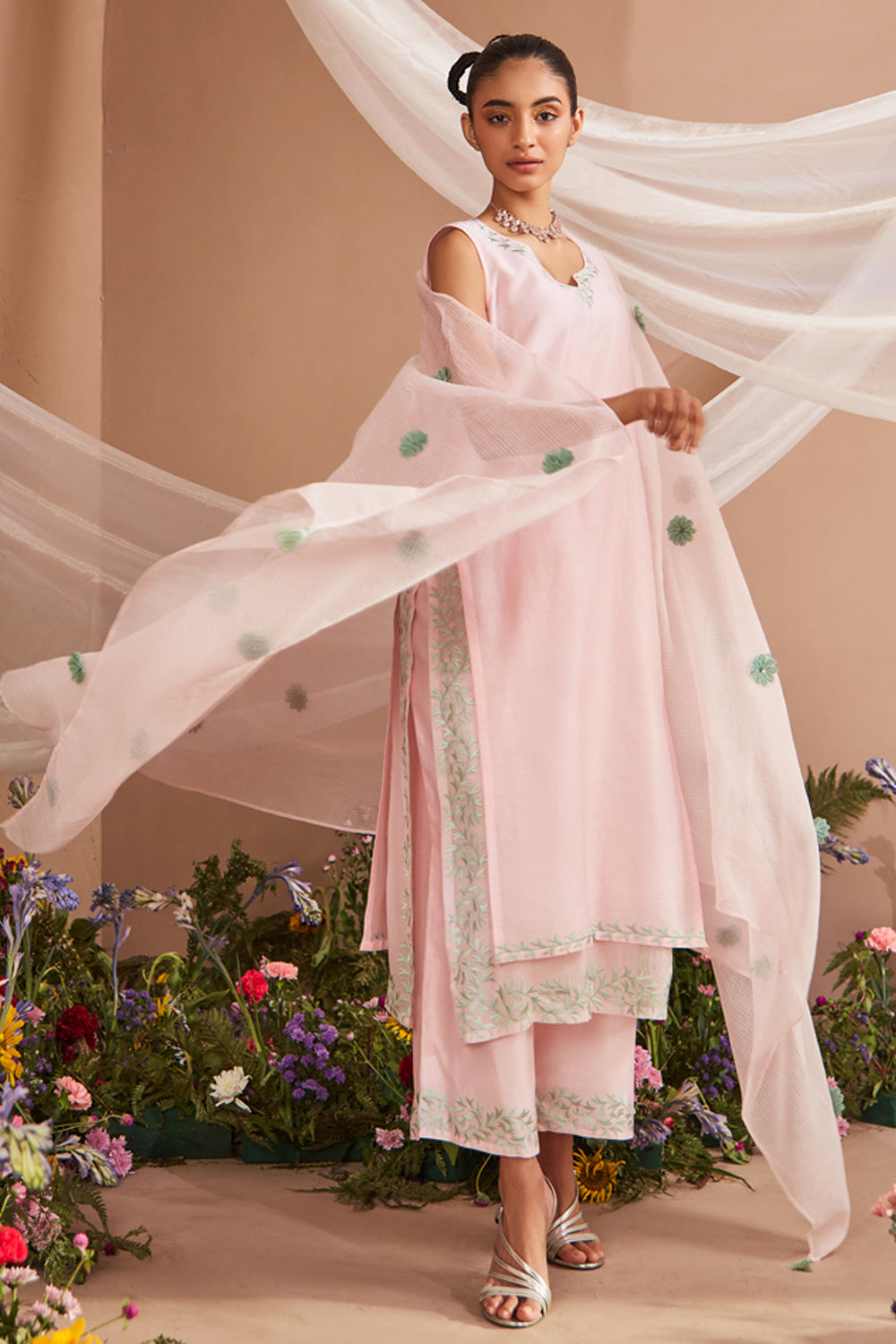 RUH LIGHT PINK SILK CHANDERI KURTA SET