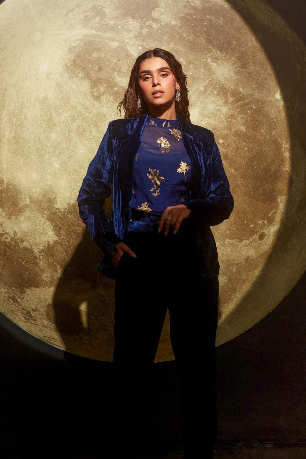 DIANA BLUE VELVET JACKET COORD SET WITH FOIL PRINTED ORGANZA SHIRT