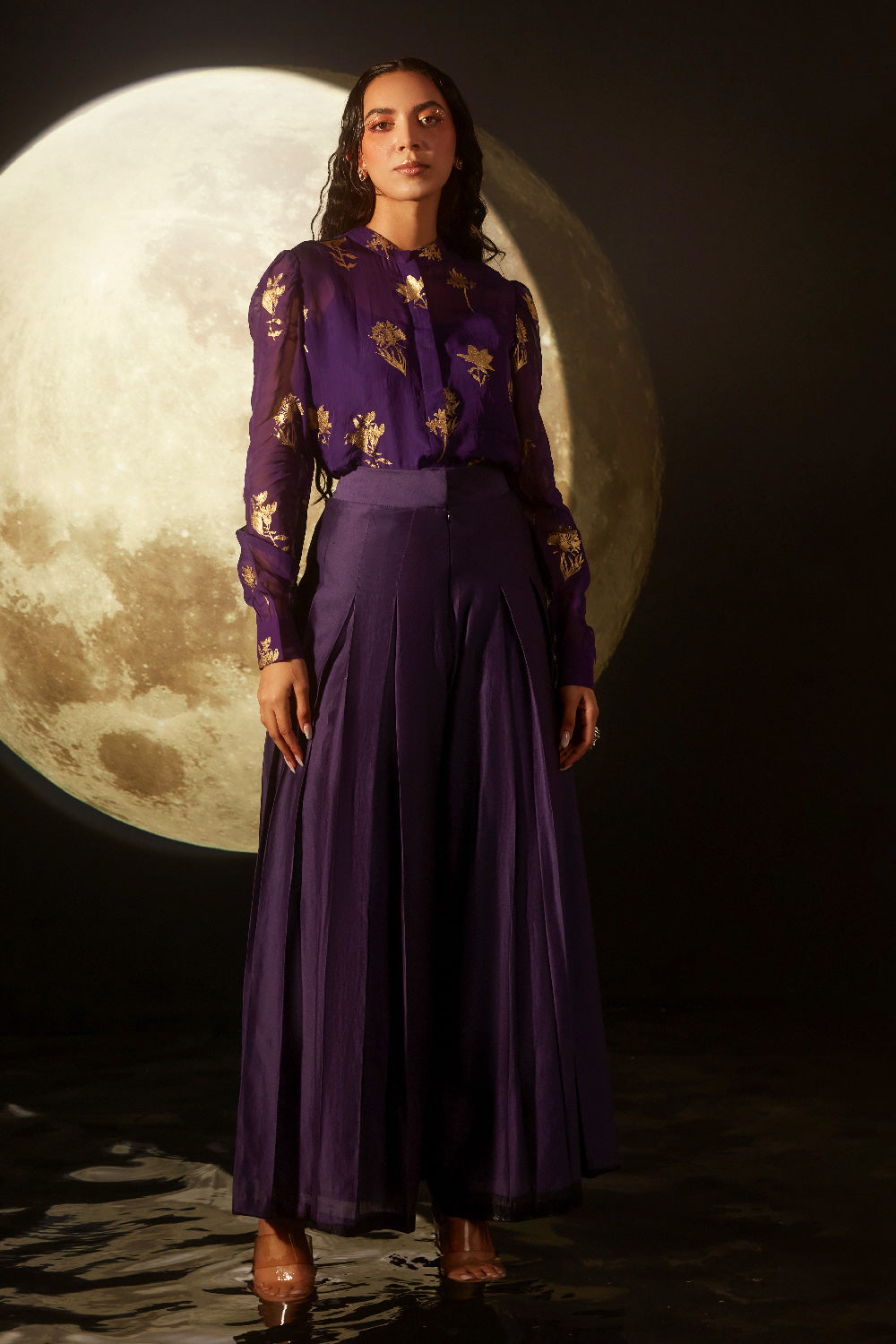 OLIVIA DEEP PURPLE FOIL PRINTED ORGANZA & SILK CHANDERI COORD SET