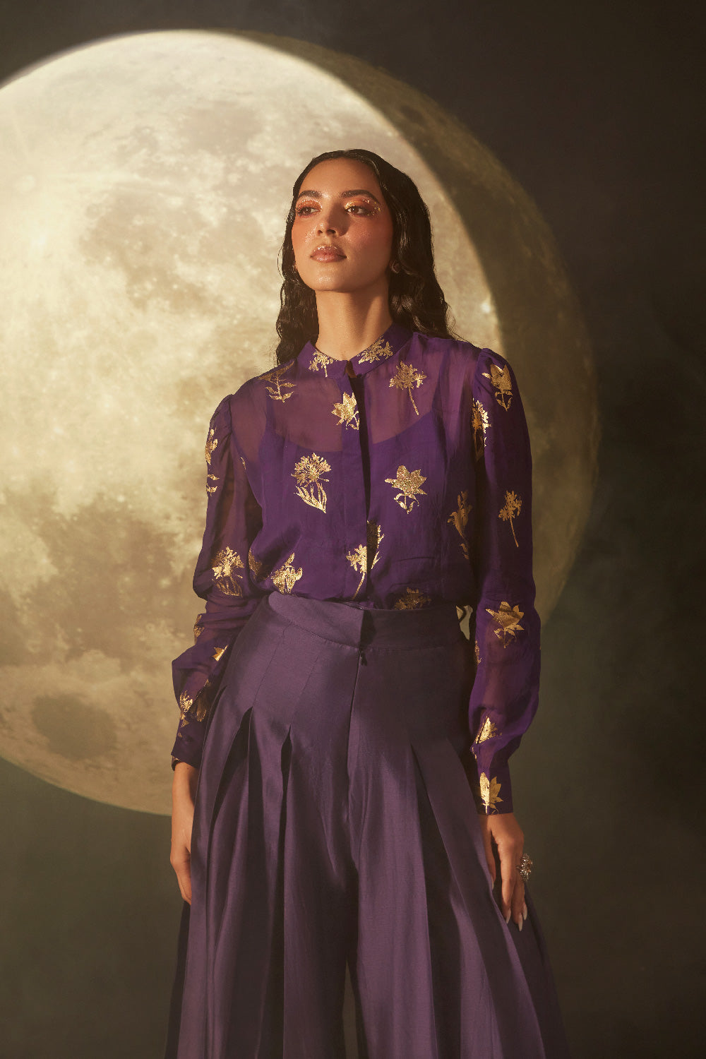 OLIVIA DEEP PURPLE FOIL PRINTED ORGANZA & SILK CHANDERI COORD SET