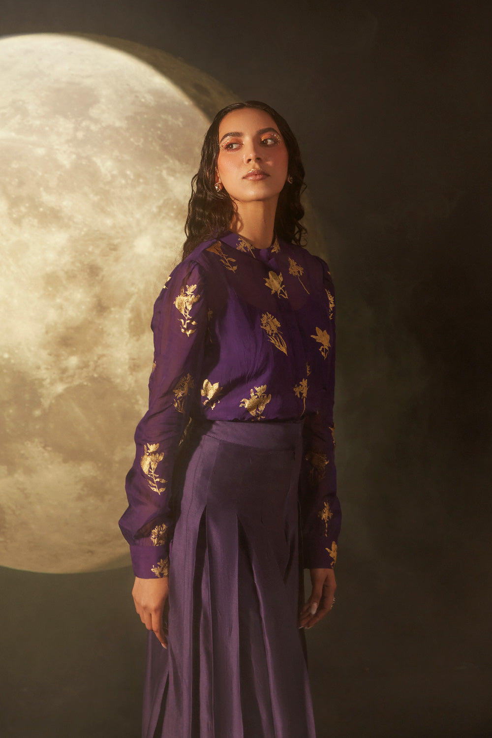 OLIVIA DEEP PURPLE FOIL PRINTED ORGANZA & SILK CHANDERI COORD SET