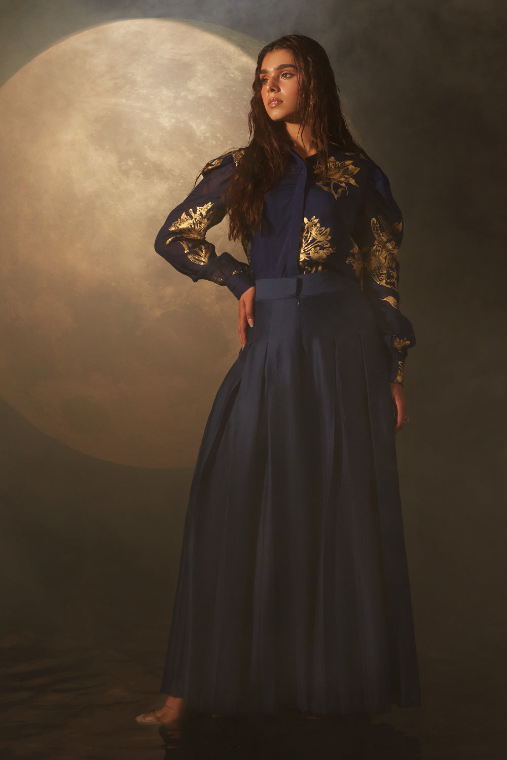 SOPHIA DEEP BLUE FOIL PRINTED ORGANZA & SILK CHANDERI COORD SET